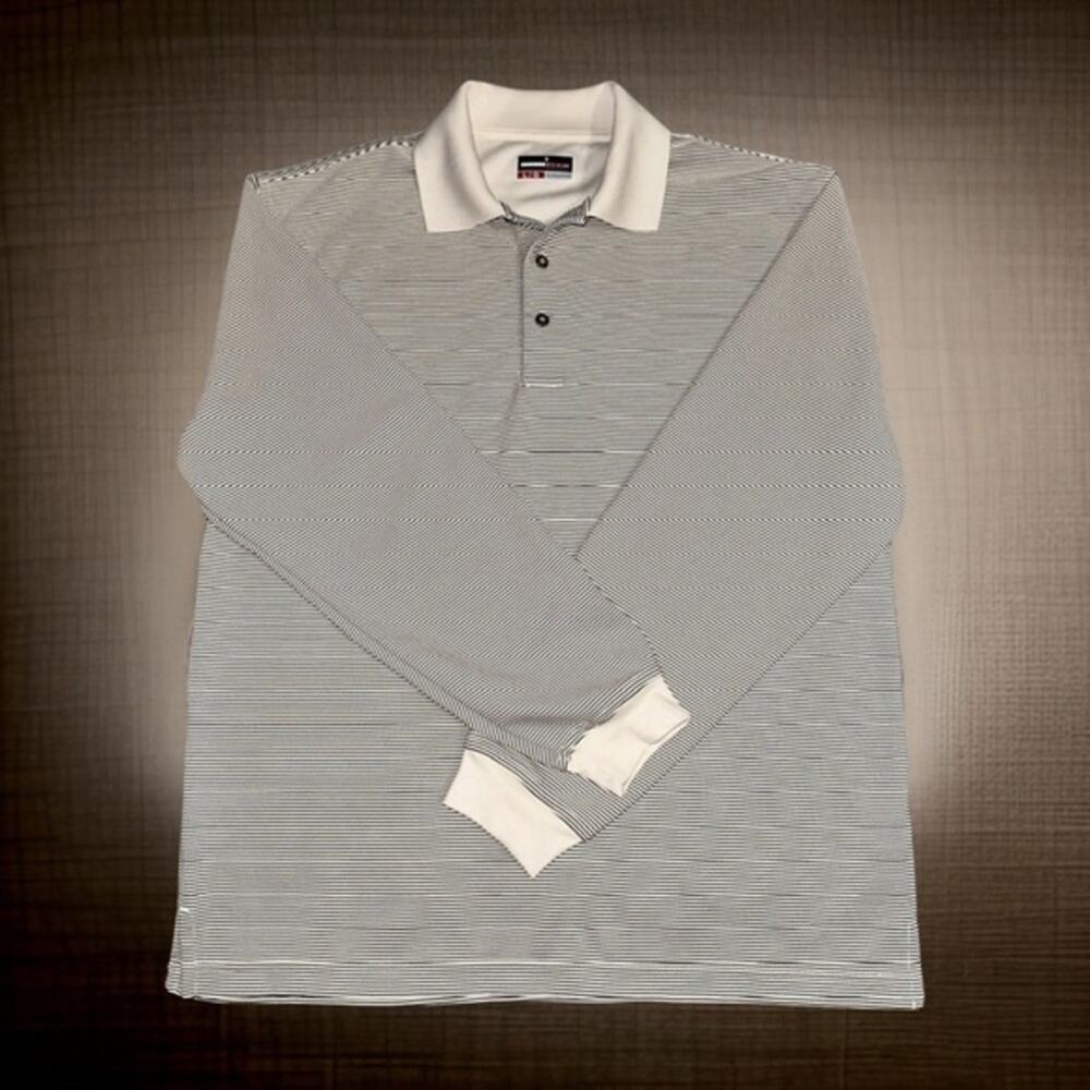 Grand Slam Performance Long Sleeve Polo Men's Large Beige and Black Striped